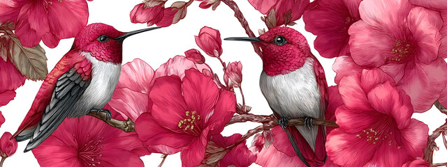 Obraz premium Seamless pattern with floral romantic elements, hand drawn colibri for your design. Endless texture, sketch humming-birds, watercolor flowers, isolated on white background. Vector illustration.