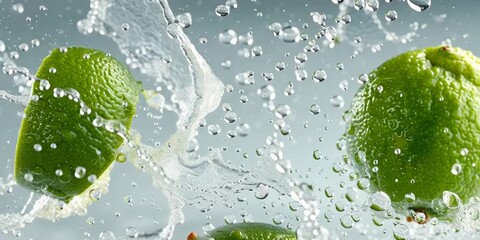 Fresh lime slices splashing into water in slow motion.

Juicy lime halves with water splash on clean background - Powered by Adobe