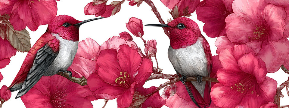 Seamless pattern with floral romantic elements, hand drawn colibri for your design. Endless texture, sketch humming-birds, watercolor flowers, isolated on white background. Vector illustration.