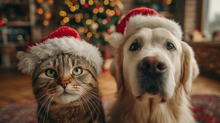 Cute Dog and Cat in Santa Hat Celebrating Christmas Together