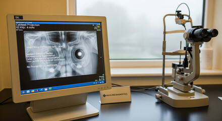 Ophthalmology Clinic Displaying Eye X-Ray and Slit Lamp Equipment
A professional, well-lit photograph showing the setup inside an ophthalmology or optometry clinic