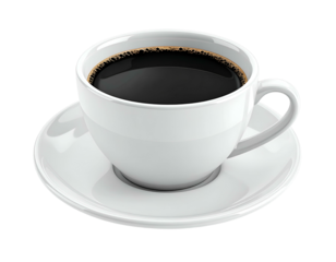 Hot dark beverage in white ceramic mug on saucer