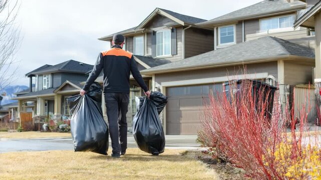 Medium shot capturing a homeowner placing trash bags at the curb for the monthly scheduled waste pickup collection.
