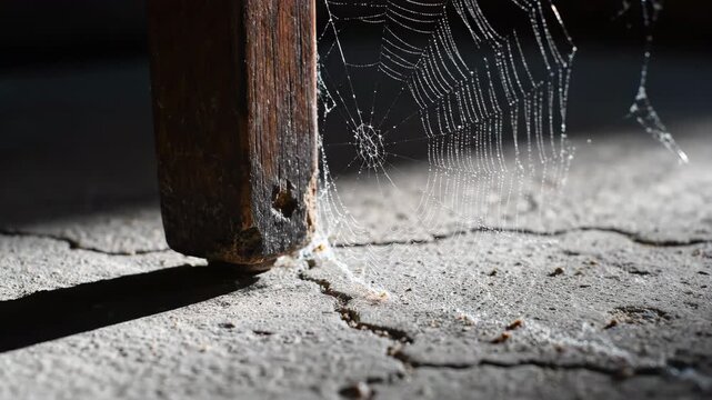 Spiderweb dew drops clinging to intricate natural silk thread near wooden furniture leg