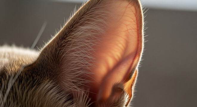 Close-up of Cat's Ear Backlit by Golden Sunlight
A striking, warm close-up photograph of a domestic cat's ear beautifully illuminated by strong backlighting