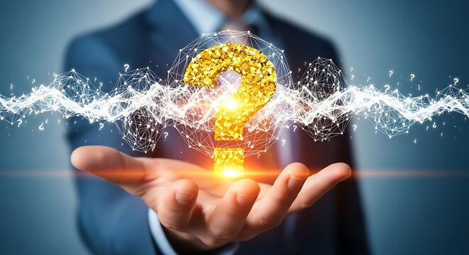Seeking answers with a golden question mark and connected dots in a man's hand, finding solutions, innovative thinking and new ideas concept
