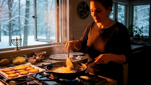 A woman cooking latkes in a kitchen with a menorah on the windowsill for a Hanukkah celebration.