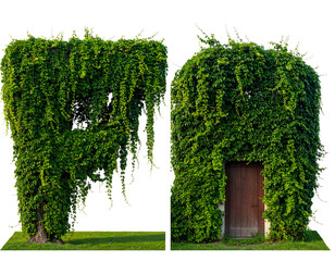 Lush green vine structures, one with a door