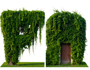 Lush green vine structures, one with a door