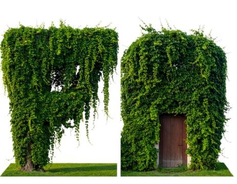 Lush green vine structures, one with a door