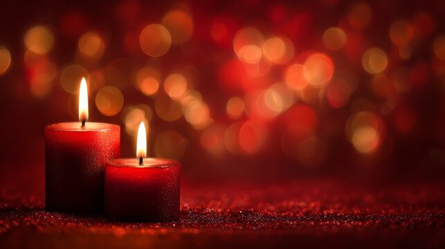 Elegant christmas background with soft candlelight glow, blurred red backdrop, warm bokeh, cozy festive mood, minimal composition, modern luxury style with copy space 