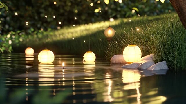 Peaceful pond, paper lanterns glow in twilight