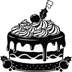 Festive christmas cake illustration with cream and holly berries isolated on white background, Vector, illustration