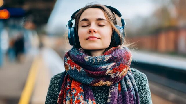 Medium shot of a traveler resting with headphones on a train platform demonstrating reduction of mixed noise from announcements crowds and distant vehicles.