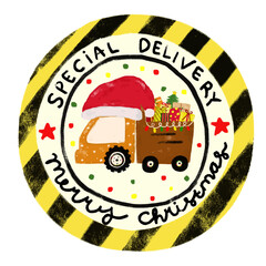 cute rounded christmas xmas yellow striped sticker stamp package gift label tag with dump trash truck under construction vehicle transportation in kids doodle hand drawn watercolor crayon illustration