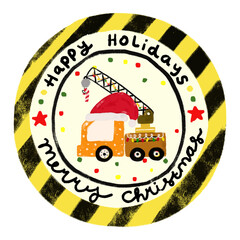 cute rounded christmas xmas yellow striped sticker stamp package gift label tag with crane under construction vehicle transportation in kids doodle hand drawn watercolor crayon illustration