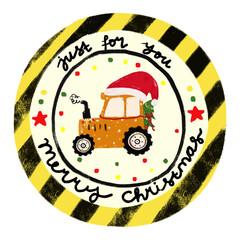 cute rounded christmas xmas yellow striped sticker stamp package gift label tag with tractor under construction vehicle transportation in kids doodle hand drawn watercolor crayon illustration