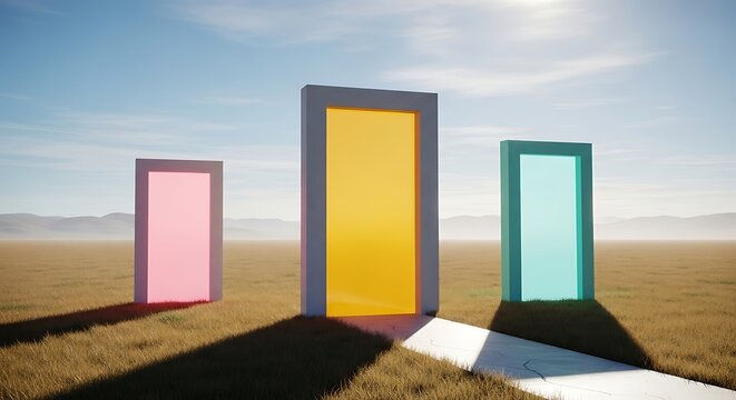 Step into a vibrant future with colorful doorways to opportunity and success in a peaceful landscape, inviting growth and new beginnings under the sun