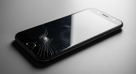 Accident Damage: Modern Smartphone with Cracked Lower Screen Section
A dramatic, low-angle photograph of a generic black smartphone resting on a smooth, gray, reflective surface
