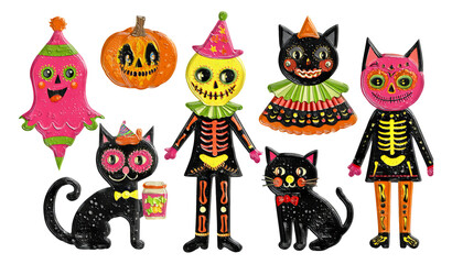 Colorful Halloween Themed Illustrations of Cats, Skeletons, and Pumpkin Characters