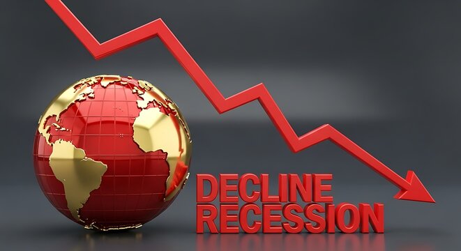 Global financial downturn with downward arrow and globe, indicating worldwide market decline and recession fears, perfect for economic news and analysis