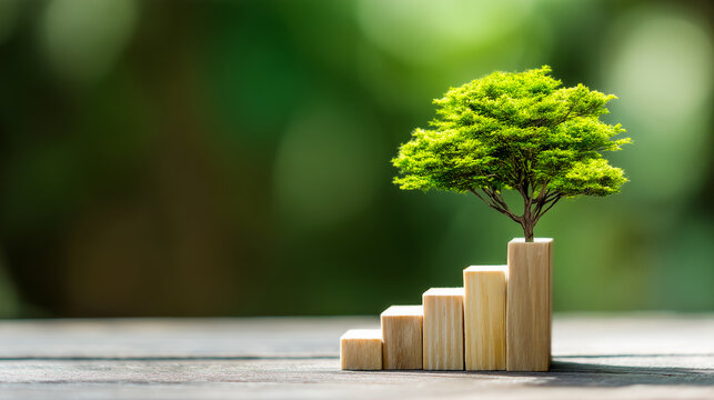 Wooden Bar Graph with Tree – Symbol of Nature-Based Sustainable Growth