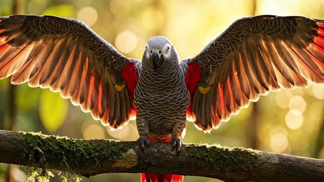 African Grey Parrot Spreading Wings, Exotic Bird Portrait