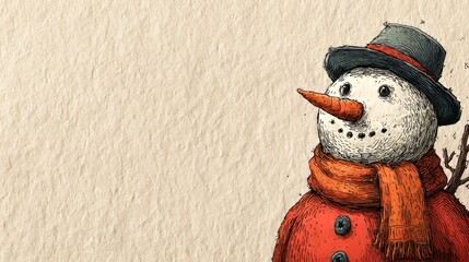 Cute Snowman Illustration with Winter Hat on Blue Textured Background