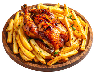 Roasted chicken and fries on a wooden platter