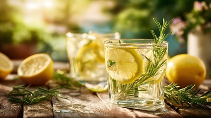 Refreshing lemon and rosemary infused beverage sits ready for enjoyment outdoors on a sunny day