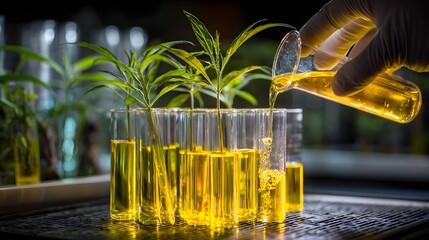 Scientist pours golden liquid from flask into test tubes containing young green plants