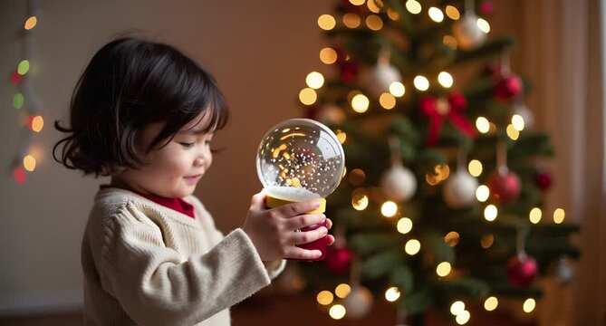 Joyful child shakes a festive snow globe beside a beautifully decorated Christmas tree with twinkling fairy lights.  