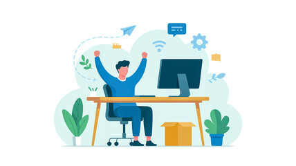 Man celebrating success at computer desk with plants and open box celebration