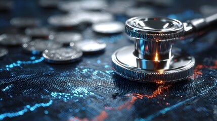 Reflective medical instrument rests upon a surface displaying glowing digital financial data near scattered metallic currency