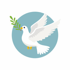 Fototapeta premium White dove flying with an olive branch in its beak, symbolizing peace and hope, set against a light blue circular background.