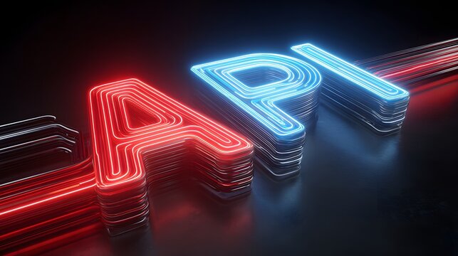 Three dimensional illuminated letters form an abbreviation against a dark background