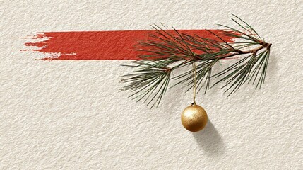 Minimal Christmas Pine Branch with Red Brush Stroke and Gold Ornament