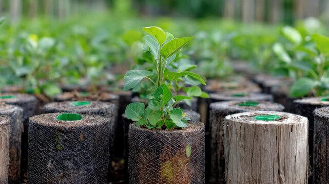 Medium shot of a biodegradable tree guard decomposing naturally around the base of a growing sapling in a lush green nursery.