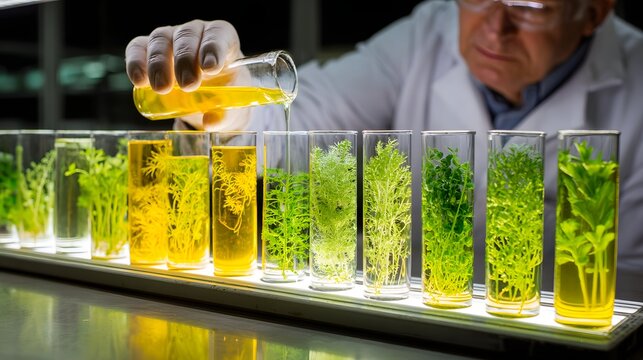 Scientist carefully measures yellow liquid into test tubes containing diverse green plant samples