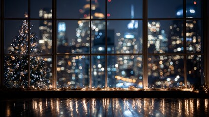 Christmas Tree by Window with Night City View