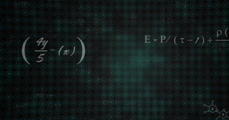 Displaying teal grid centered, showing white fraction left, E=P or  equation right, chemical sketch