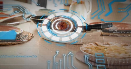 Displaying ceramic cup resting on saucer at wooden dining table, with lattice pie and HUD overlays © vectorfusionart
