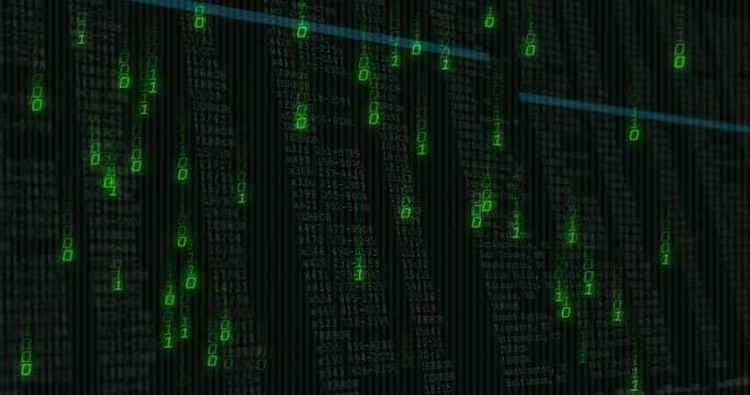Cascading vertical green binary digits streaming down terminal with grey code columns and cyan line
