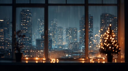 Christmas Tree by Window with Night City View