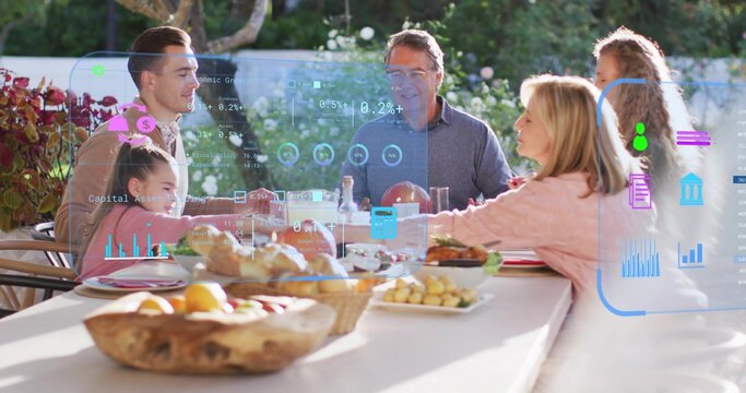 Chatting family passing dishes across backyard dining table, wooden fruit bowl and AR overlays