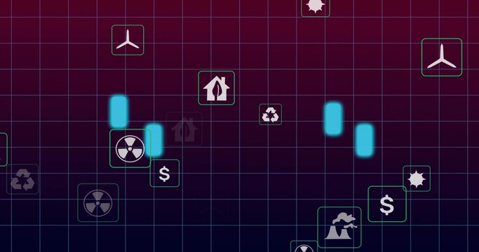 Displaying cyan glow bar cluster and teal energy icons on gridded dashboard, wind turbine visible