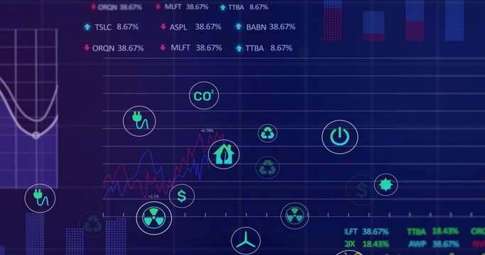 Displaying analytics dashboard with glowing line chart, grid and neon energy icons on screen