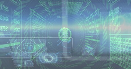 Fototapeta premium Streaming holographic tunnel pulsing in virtual control hub, with circular data node and UI panels