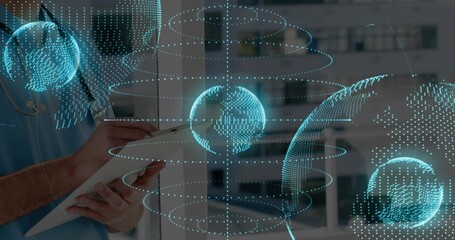 Writing doc using tablet with pen at glass window wearing scrubs stethoscope AR globes, copy space