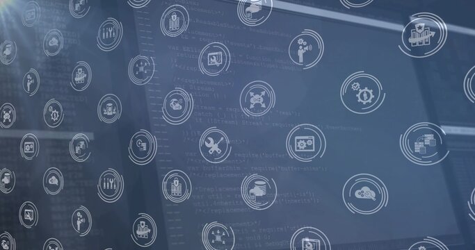 Displaying computer monitor showing source code at tech desk, with faint circular icons overlaying